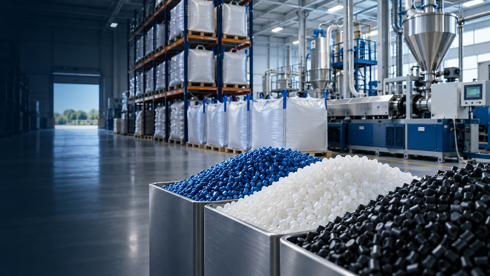 Polymer pellets, warehouse stock and compounding equipment
